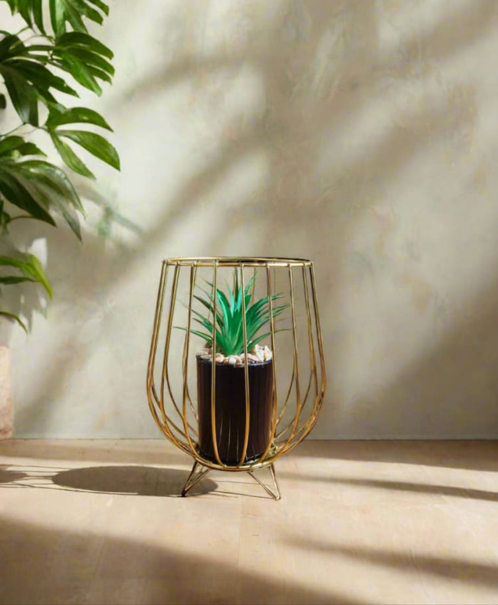 Golden Charm Mini Planter – Stylish Metal Holder with Artificial Plant