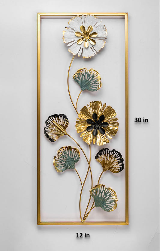 Golden Bloom Elegance – Metal Floral Wall Art (12" x 30")