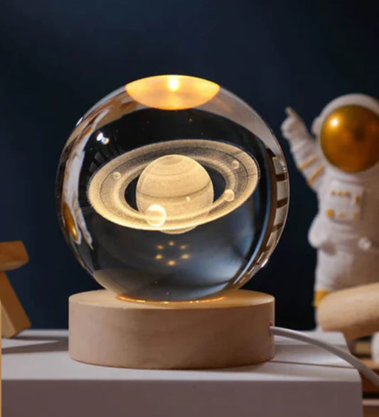 3d Solar System Crystal Ball Night Light With Wooden Base