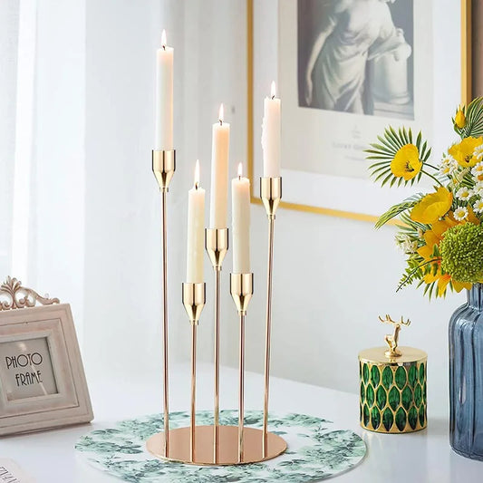 Modern Taper Candle Holder Set – 5 Arm Gold Stand