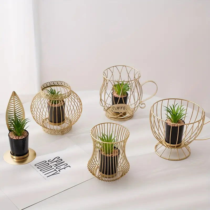 Golden Charm Mini Planter – Stylish Metal Holder with Artificial Plant